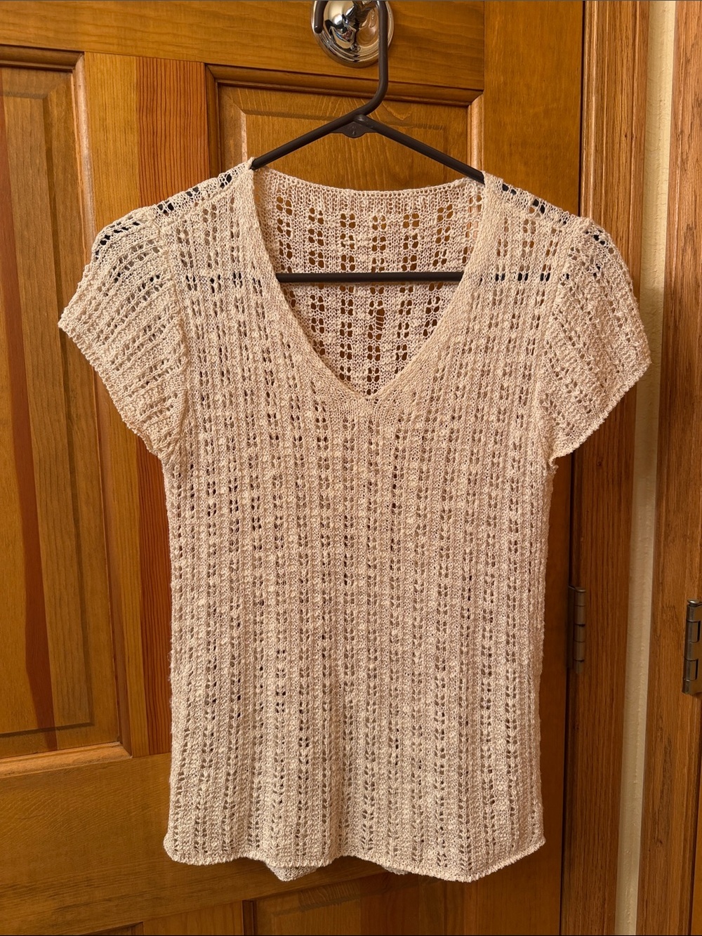 Women's Cream V-Neck Open-Knit Short Sleeve Top